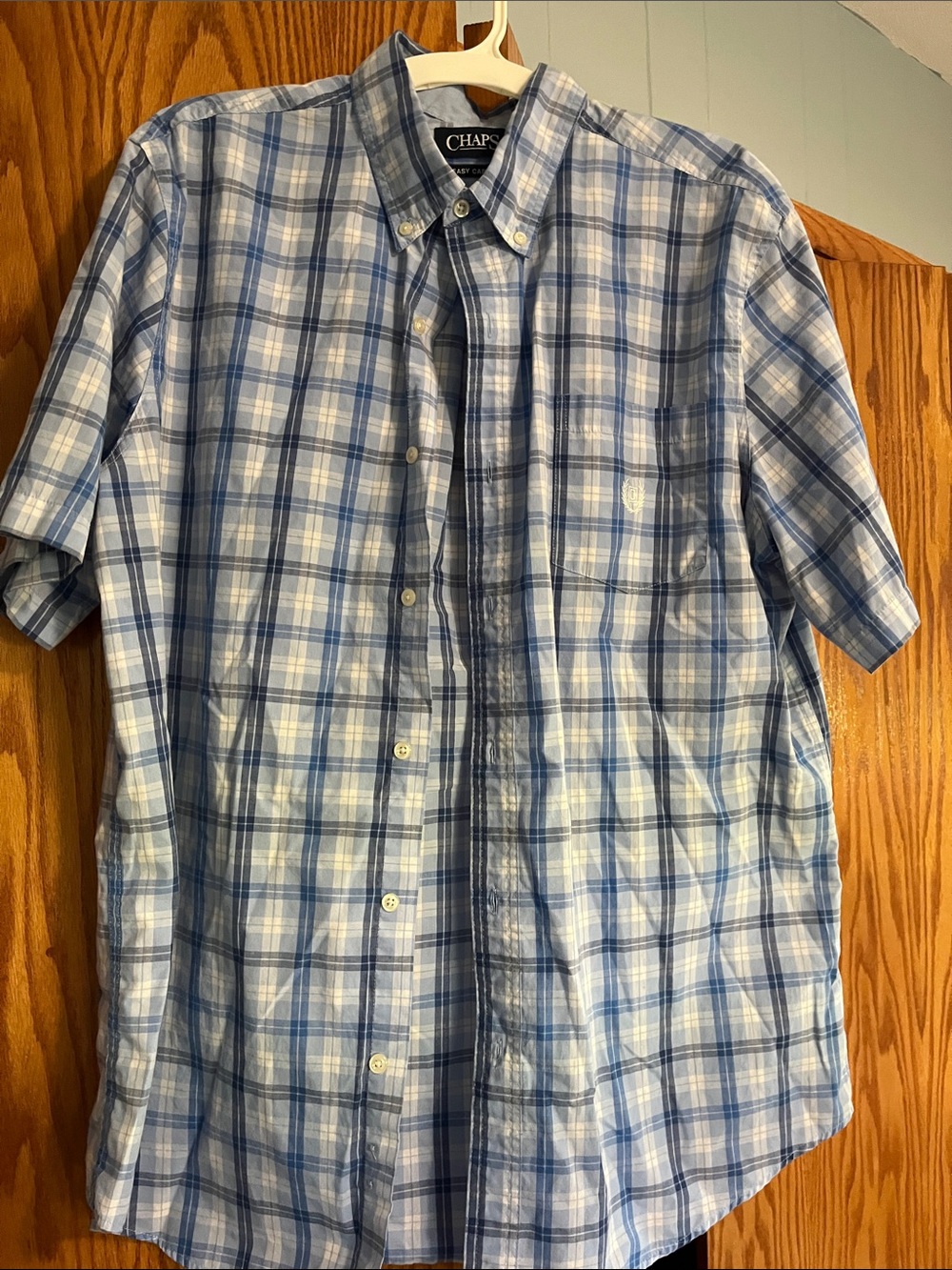 Chaps Men's Light Blue and Navy Plaid Short-Sleeve Button-Down Shirt